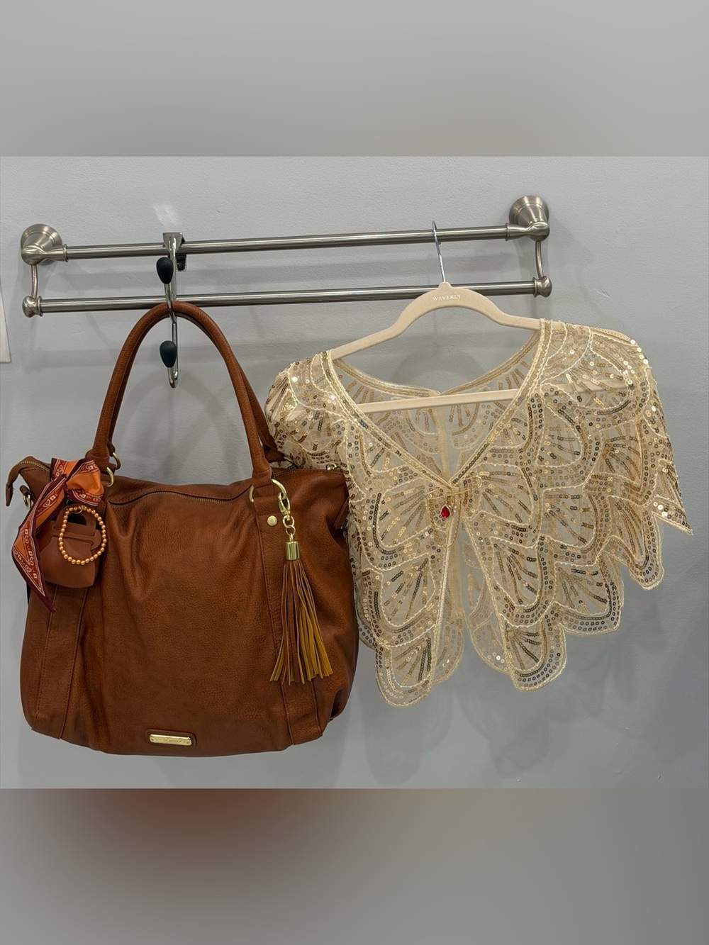 Leather Tote Bag in Cognac Brown with Tassel& shawl